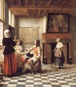 Pieter de Hooch, An Interior,with a Woman Drinking with Two Men,and a Maidservant